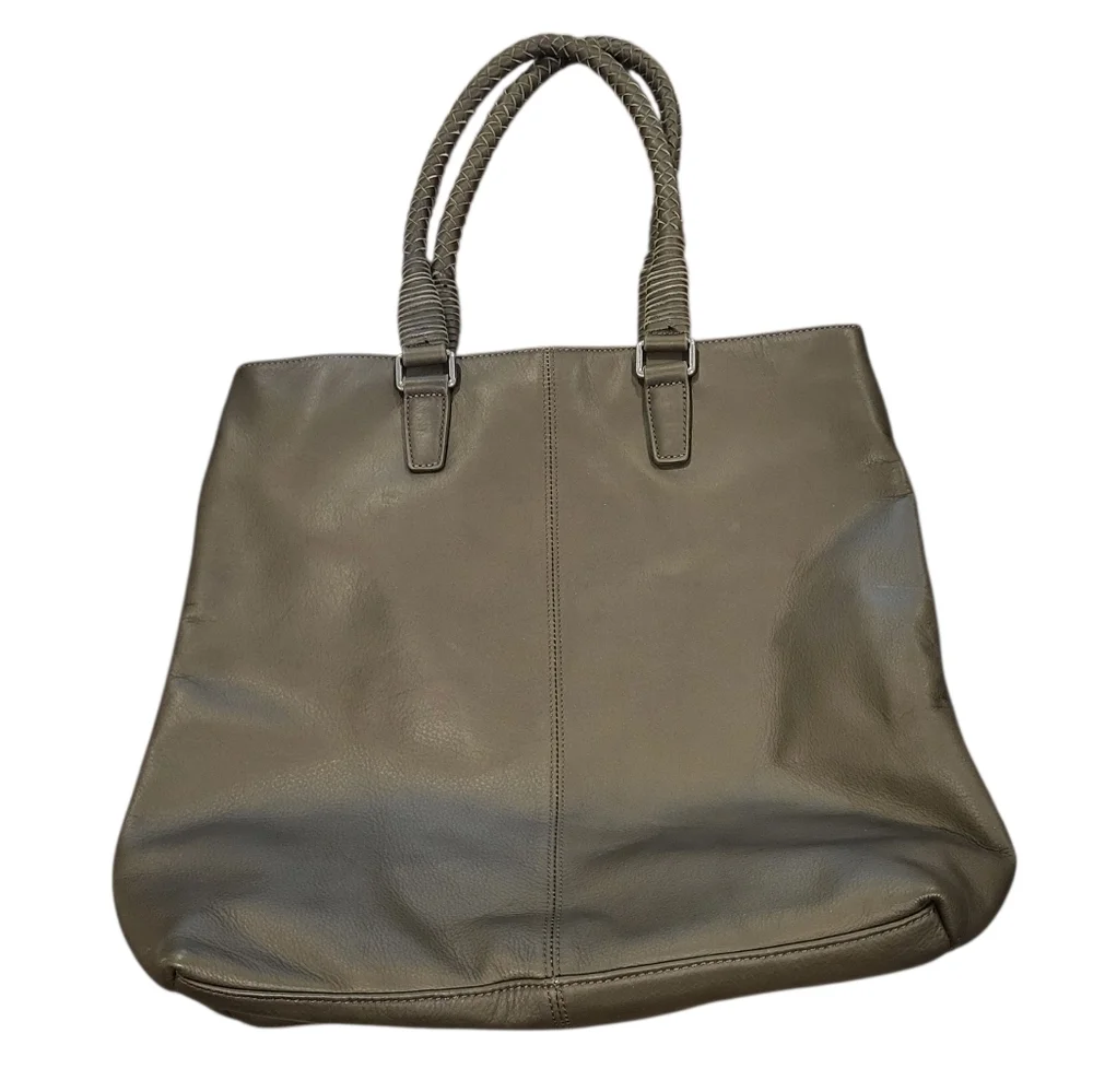 Margot Green Taupe Leather Shoulder Tote Bag Braided Straps